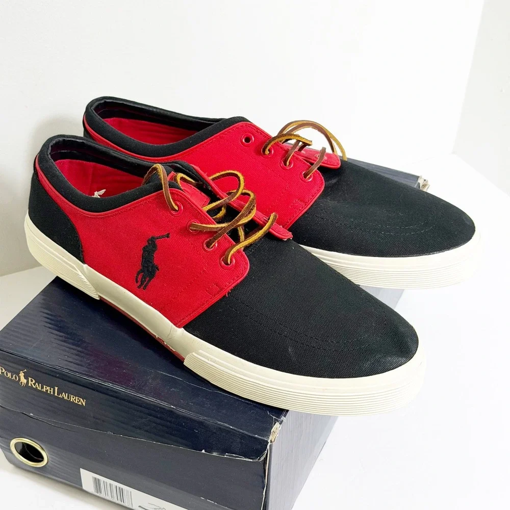 Polo Ralph Lauren Faxon Low Shoes Mens 13D Red Black Canvas Sneakers 200001087